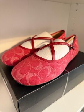 NWT Coach Women Phoebe Ballet Flat Signature Denim True Red CDG80 Size 9.5